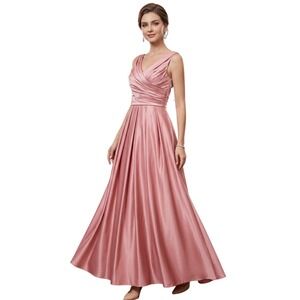 JJS House Rose Pink Satin Pleated V-Neck Formal Gown Sleeveless Sz 0 Bridesmaid